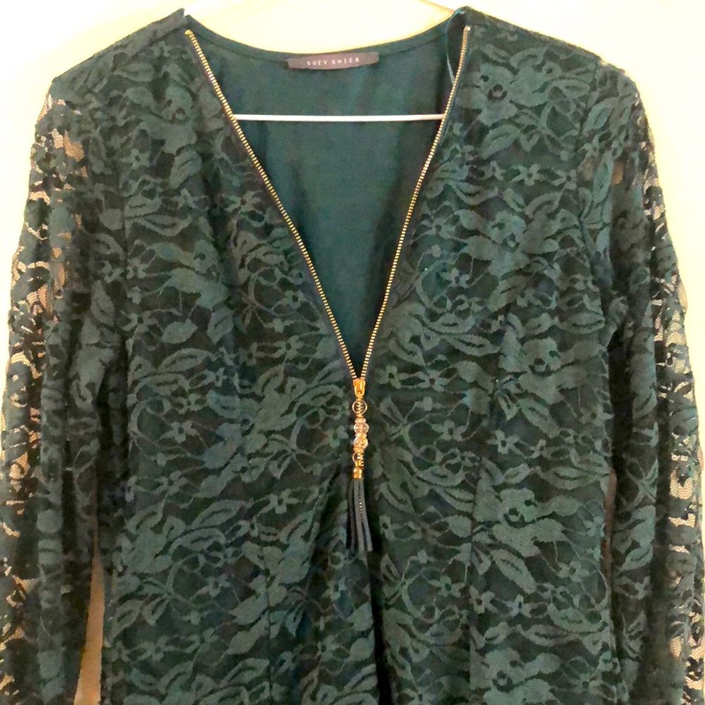 Green lace diamanté zip top